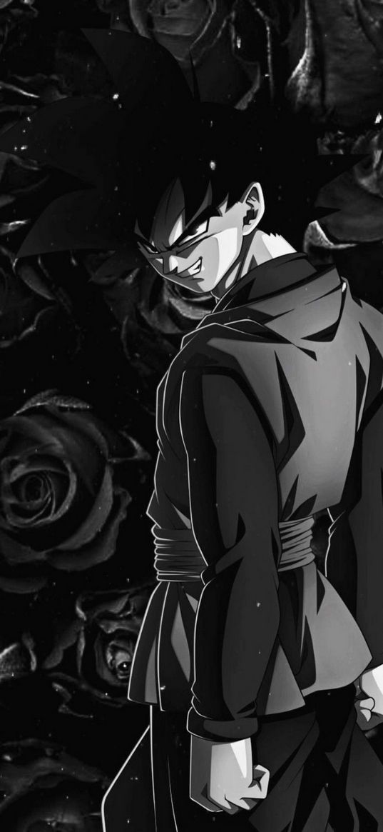 dragon ball, son goku, roses, black, black and white, anime, art