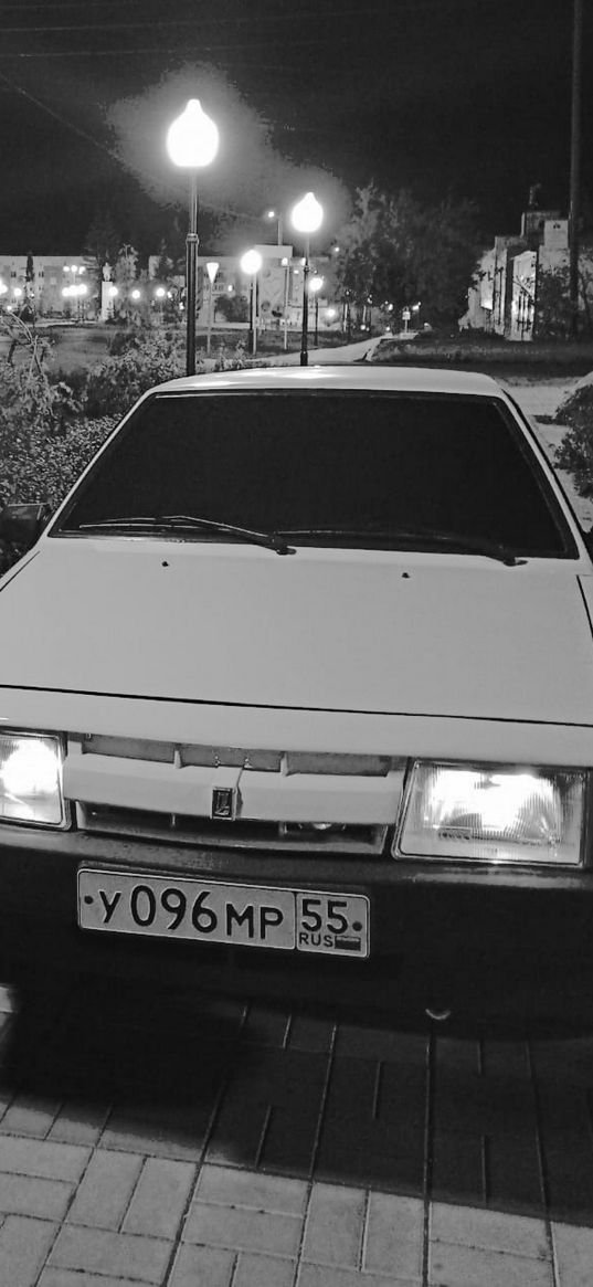 lada, auto, white auto, bw, black and white