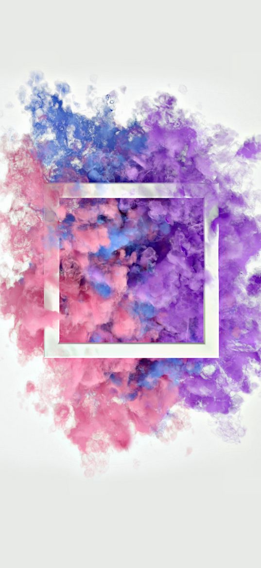 square, smoke, pink, blue, purple, white background, abstraction