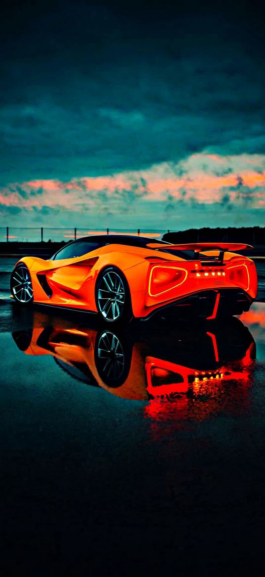 car, orange, road, reflection, digital art