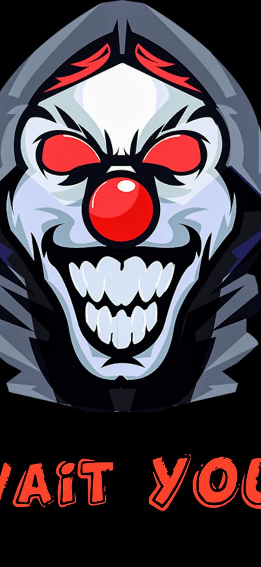 clown, angry, black background, inscription, art