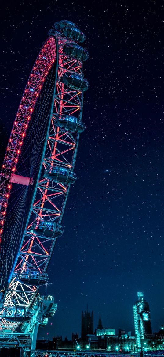 ferris wheel, sky, city, night, stars