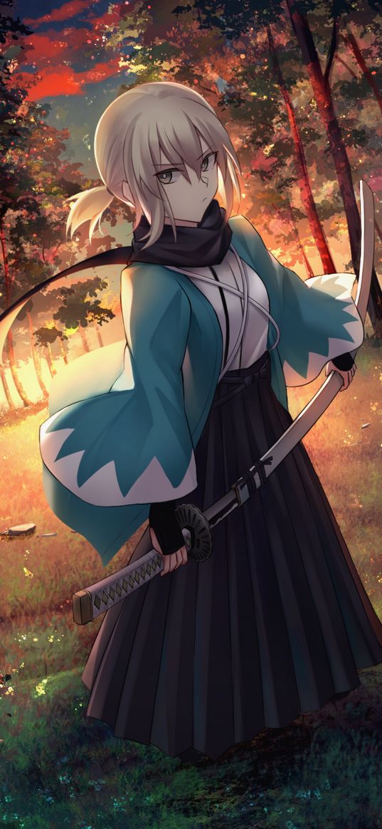 okita souji, fate, anime, girl, game, katana, tree