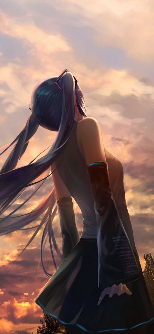 hatsune miku, anime, girl, art, character, sunset, back