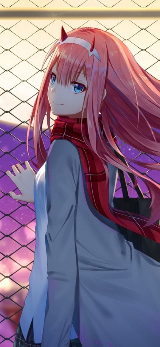 zero two, dear in france, anime, girl, art, character, pink hair, horns