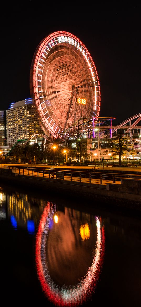 ferris wheel, rides, buildings, lights, reflection, city