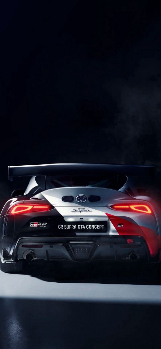 toyota supra, toyota, concept car, sports car, car, spoiler, rear view, dark background