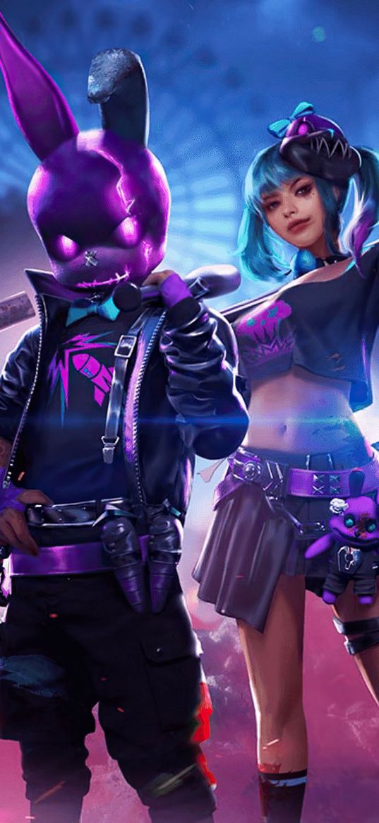 free fire, game, characters, skins, girl, rabbit, purple, art