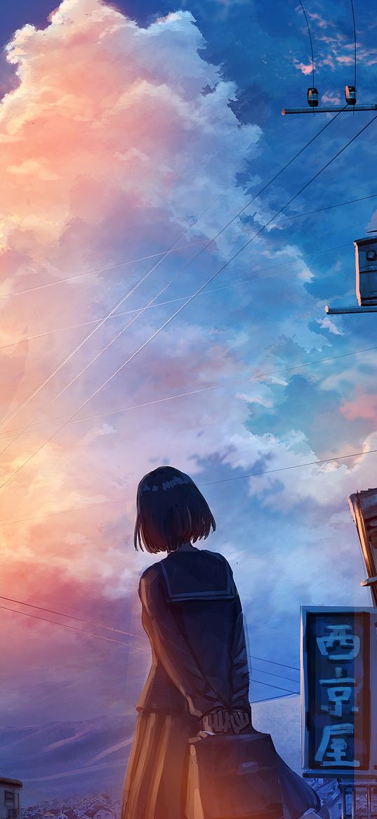 anime, art, girl, character, back, clouds