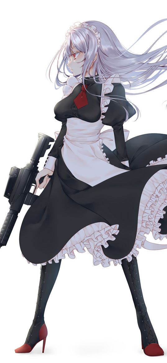 girl, hosemaid, machine gun, weapon, anime