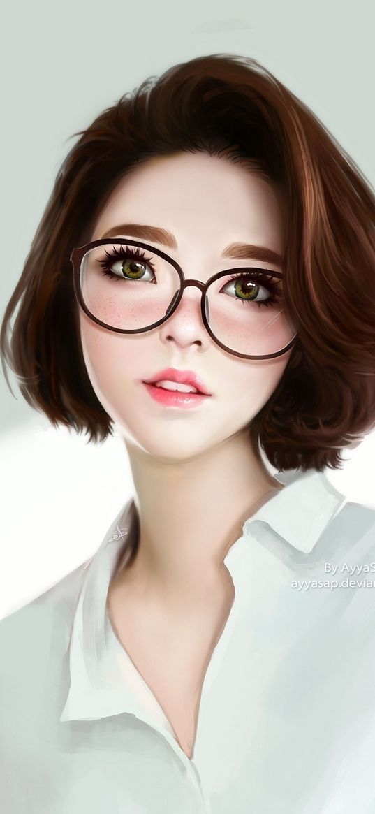 girl, glasses, sweetheart, white background, art