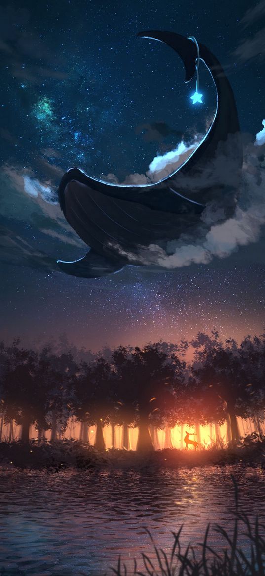 whale, sky, clouds, night, trees, lake, drawing, art