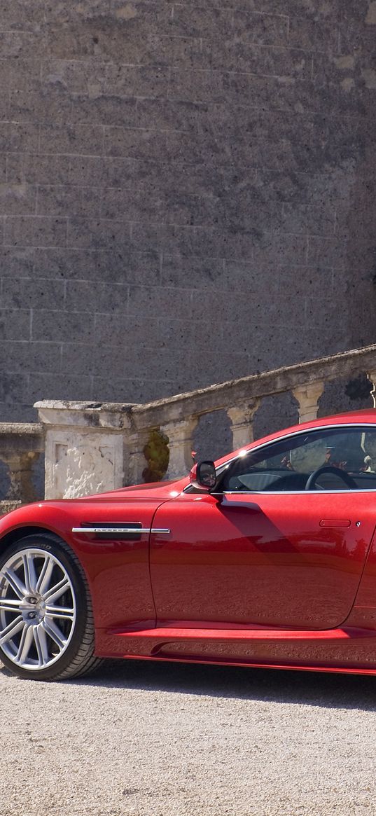 aston martin, dbs, 2008, red, side view, style, home, shrubs