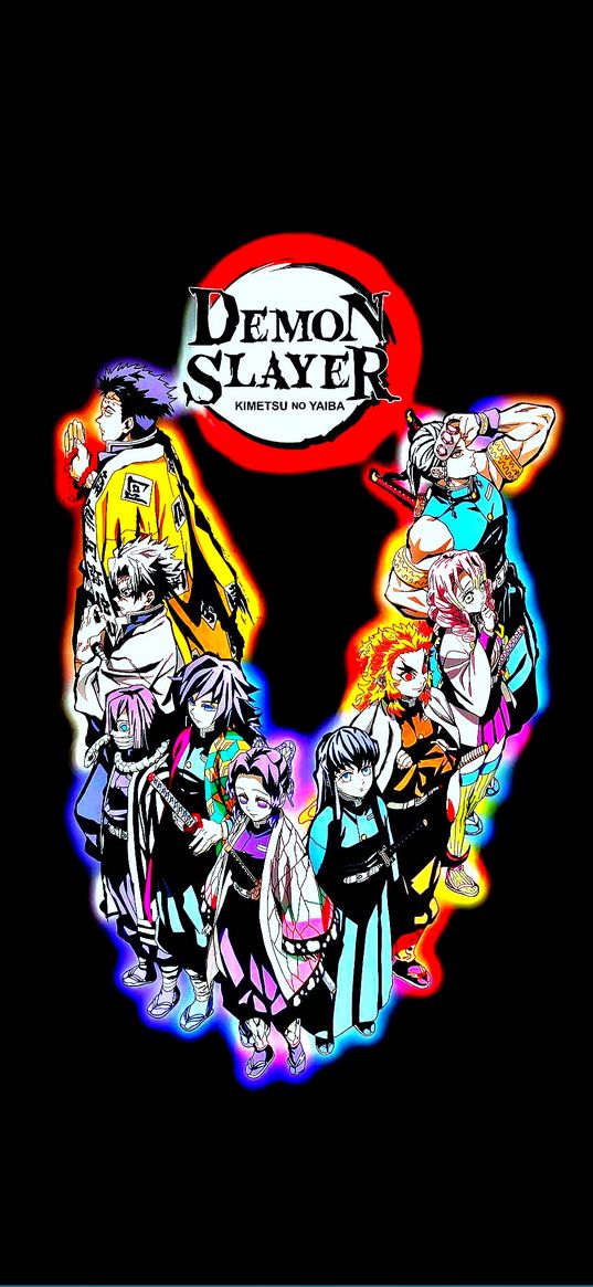 demon slayer, kimetsu no yaiba, anime, characters, multicolored, black background