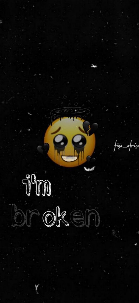 smiley face, halo, hearts, sad, loneliness, text, words, i'm broken