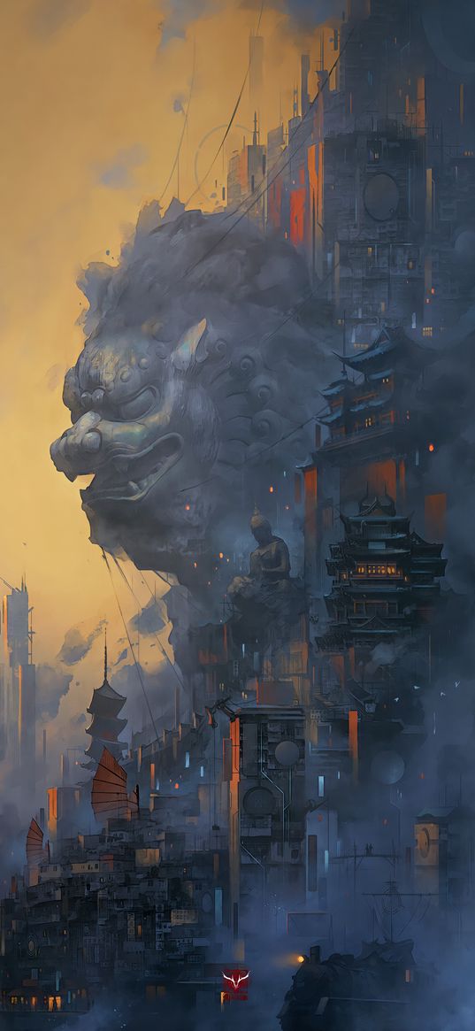 houses, city, fantasy, china, dragon, statue, art