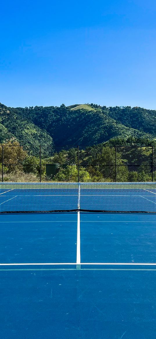 tennis, court, hills, trees, sport