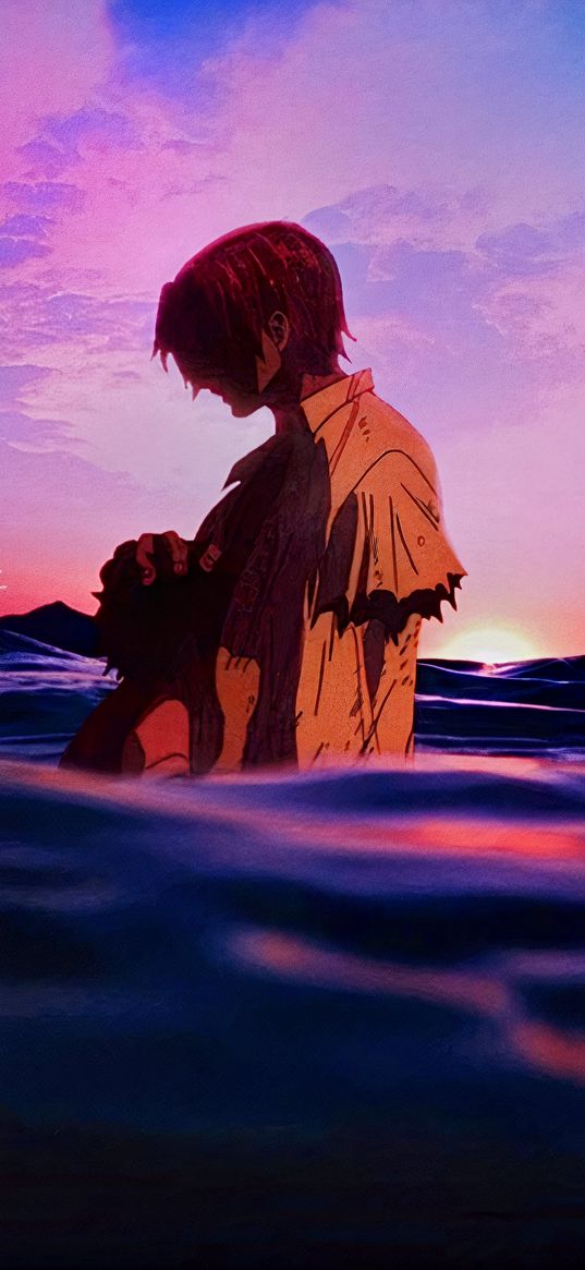 luffy, ace, one piece, anime, guys, calms, hugs, sea, sunset, art