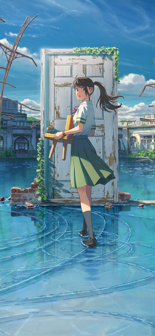 girl, chair, door, flood, water, ruins, sky, clouds, anime, art