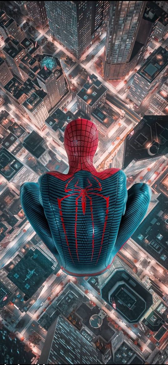 spiderman, spider-man, superhero, marvel, skyscrapers, streets, city, lights