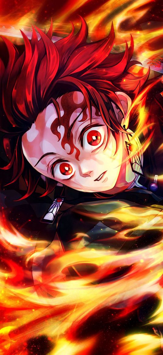 tanjiro kamado, blade that cuts demons, fire, face