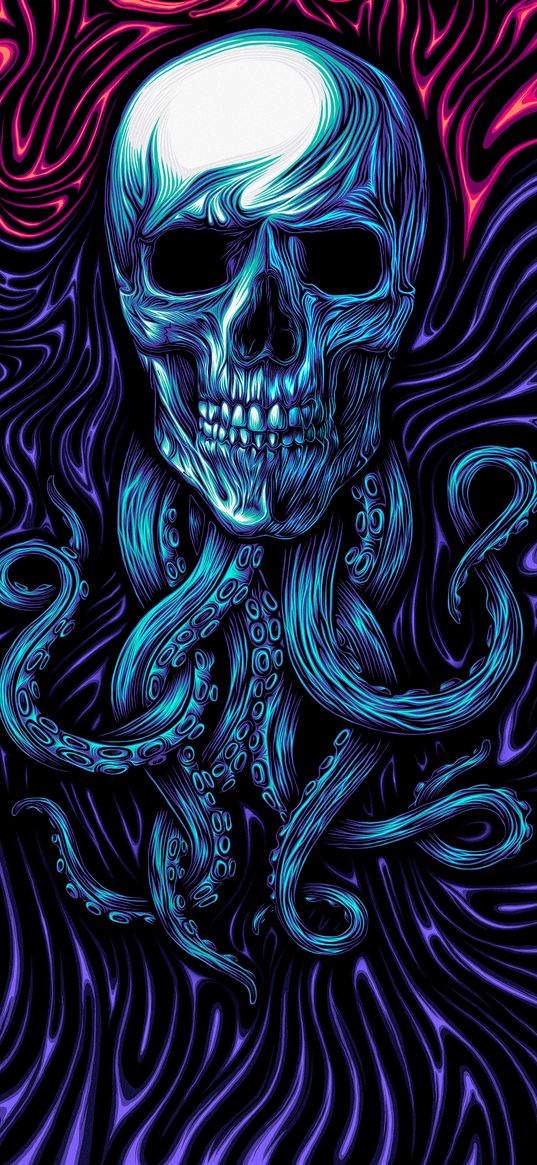 skull, tentacles, blue, pink, pattern