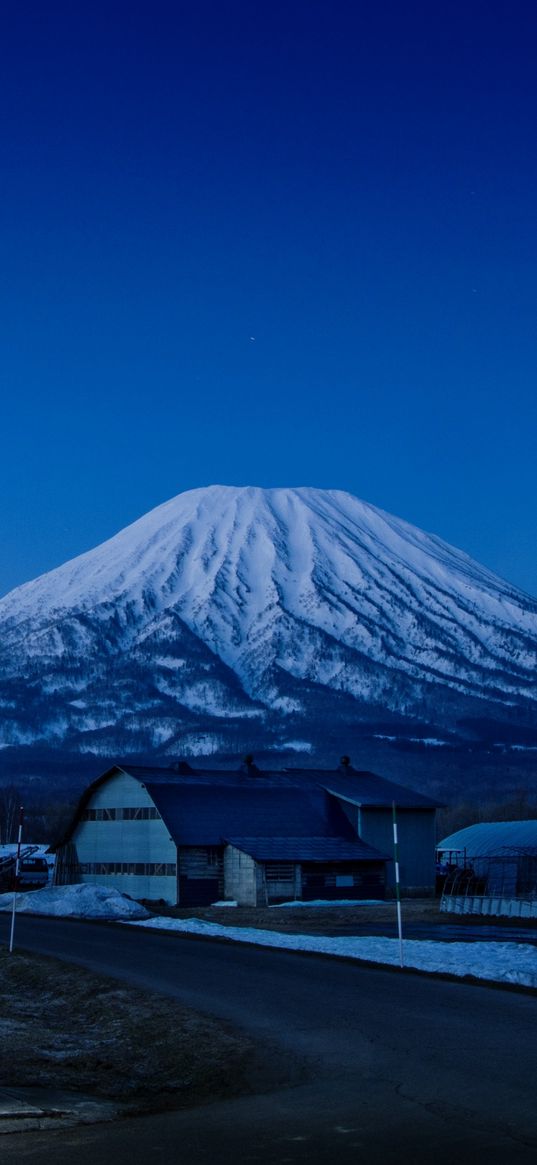 volcano, mountain, farm, house, road, snow, blue sky, morning