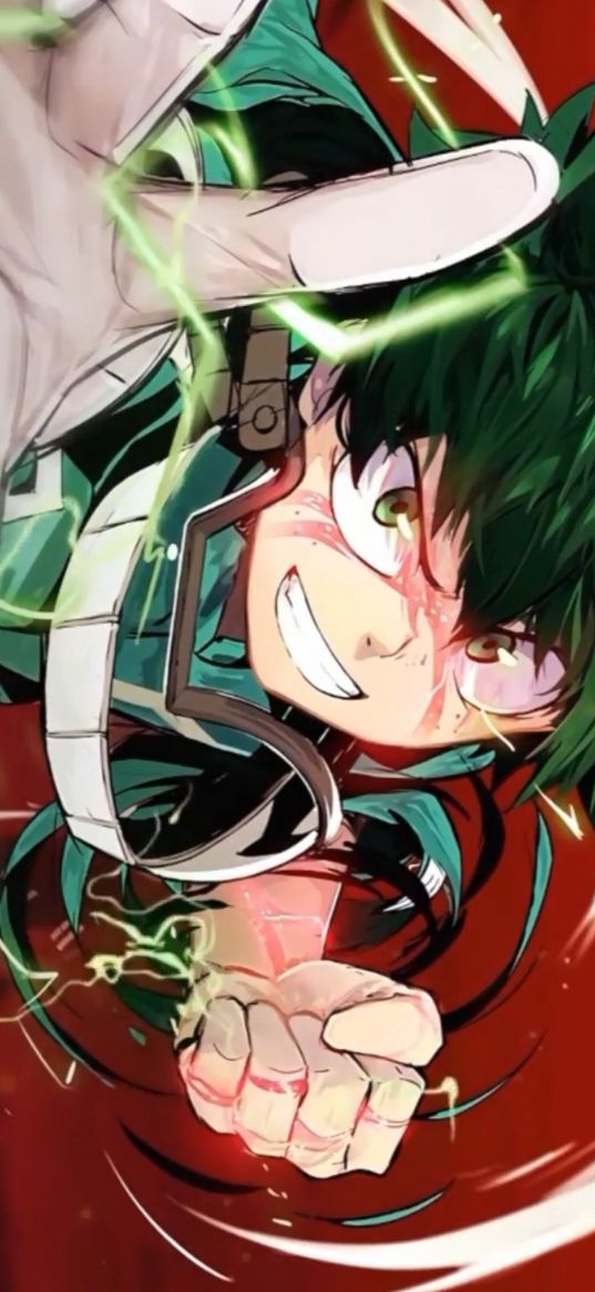 izuku midoriya, my hero academia, anime, guy, green hair, lightning, magic, art