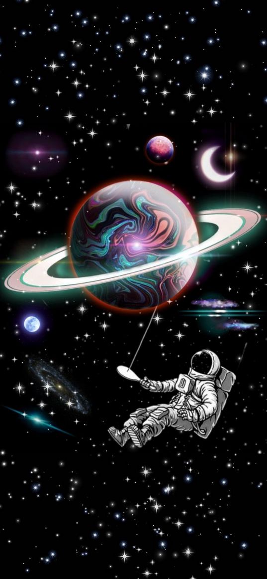 saturn, cosmonaut, planets, cosmos, stars, galaxy, art