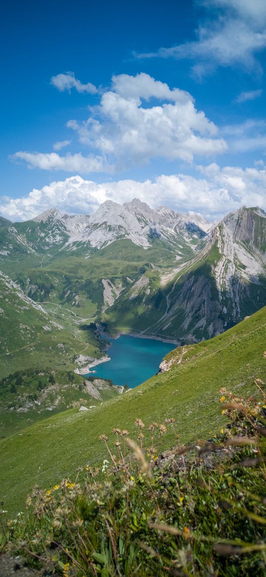 lake, mountains, slope, grass, nature