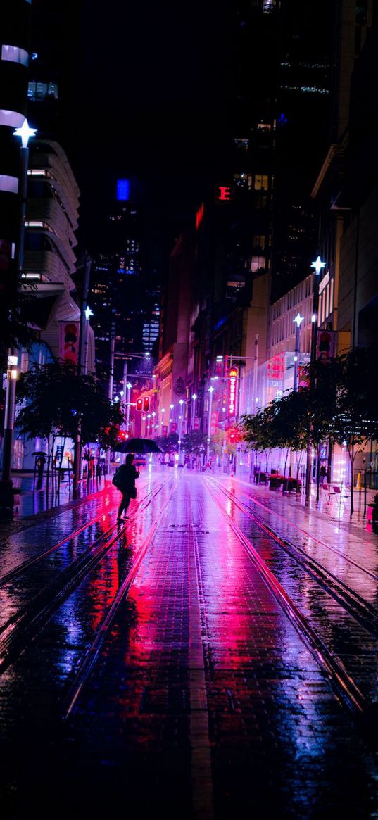 street, houses, rails, people, rain, lights, pink, night