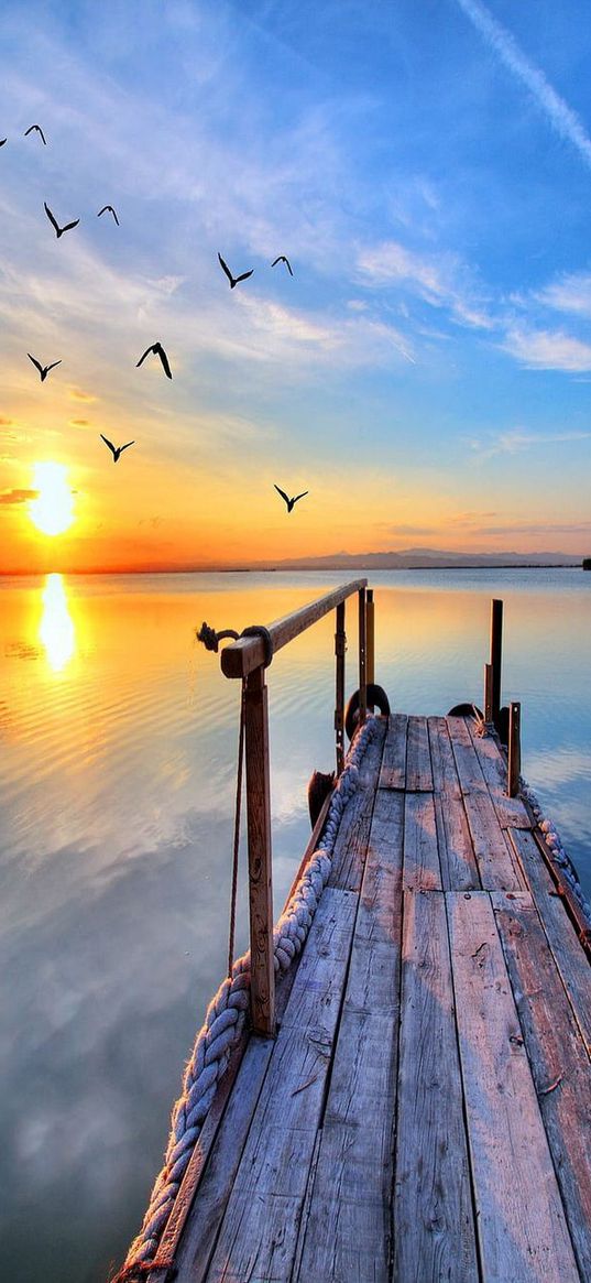 sea, pier, sunset, birds, sky, clouds, nature