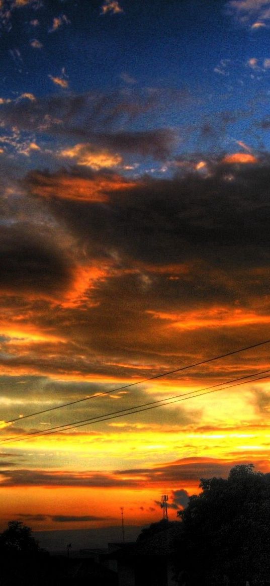 sky, clouds, decline, wires, columns, orange