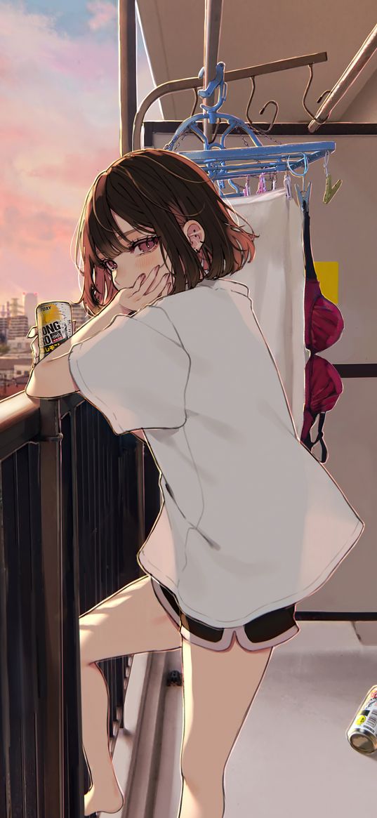 girl, city, balcony, comfort, anime, art