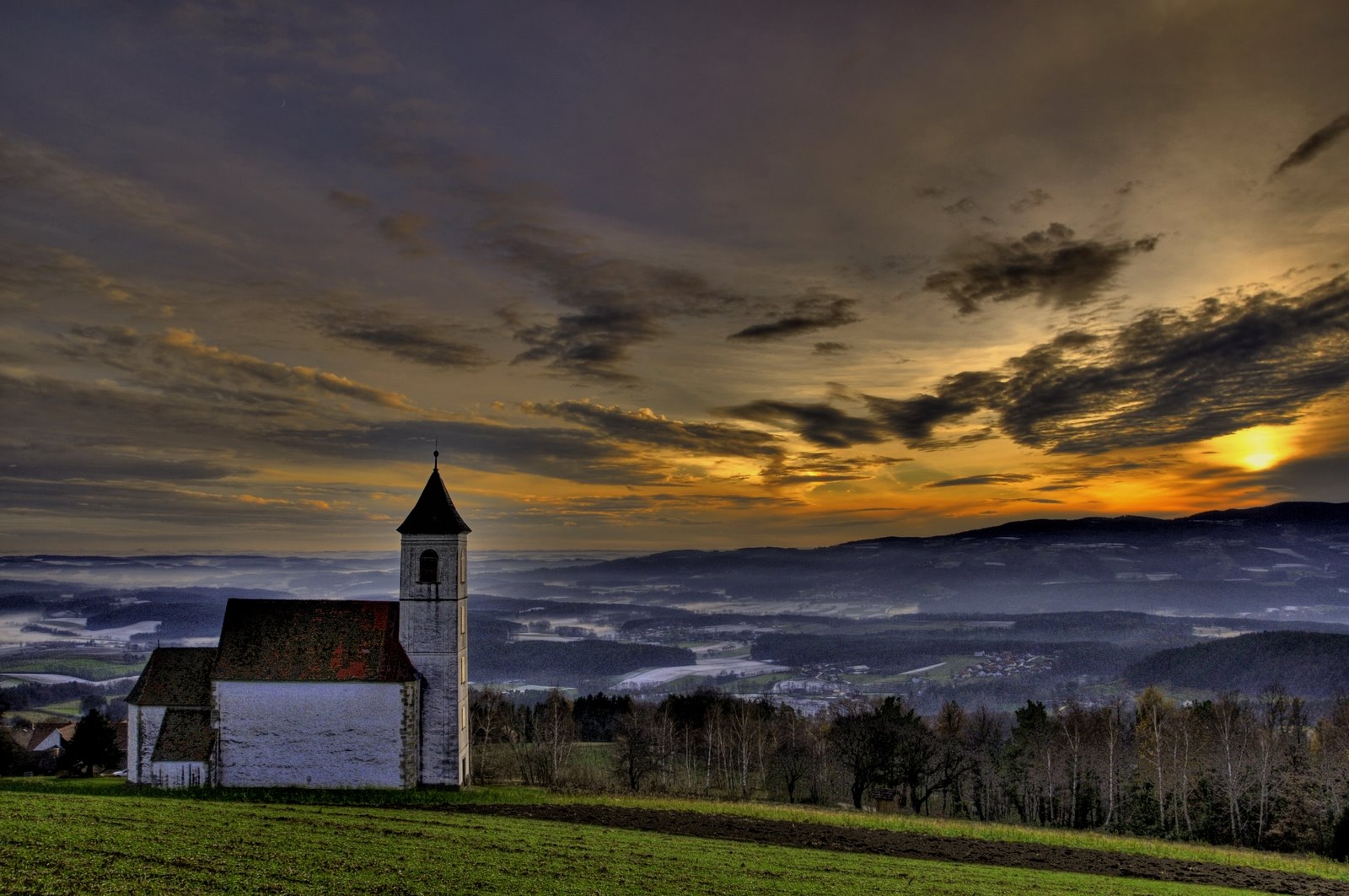 chapel, mountains, eminence, sky, clouds