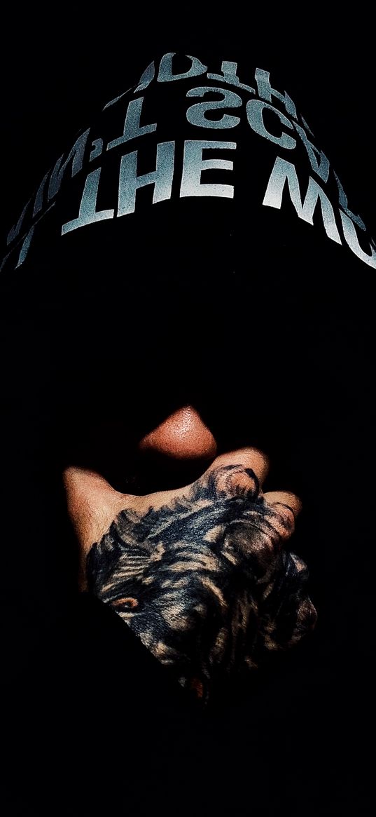 man, arm, tattoo, hood, black background, shadow