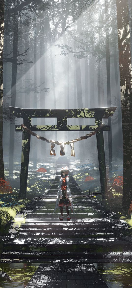 anime, girl, art, spear, weapon, forest, trees, gate