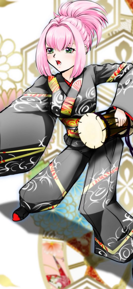 girl, kimono, drum, anime