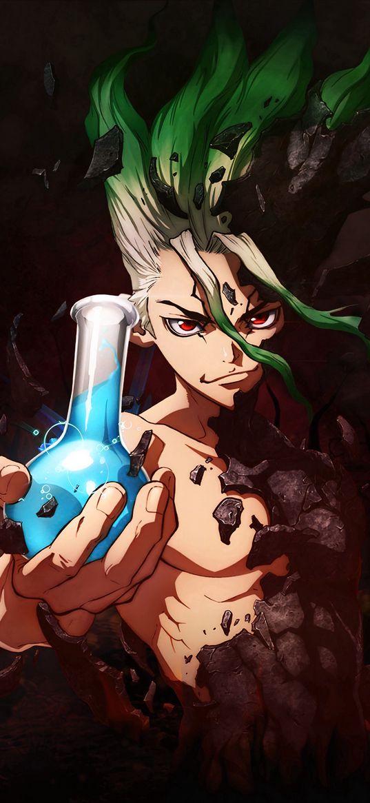 dr stone, anime, art, character, boy, flask, liquid