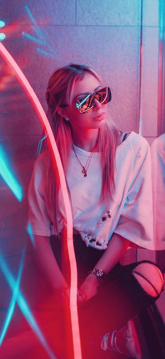 blonde, girl, glasses, neon, glass, reflection