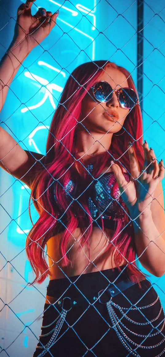 girl, glasses, pink hair, mesh, fence, neon