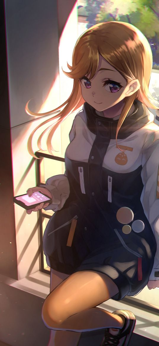 girl, balcony, jacket, smartphone, blonde, cute, anime, art