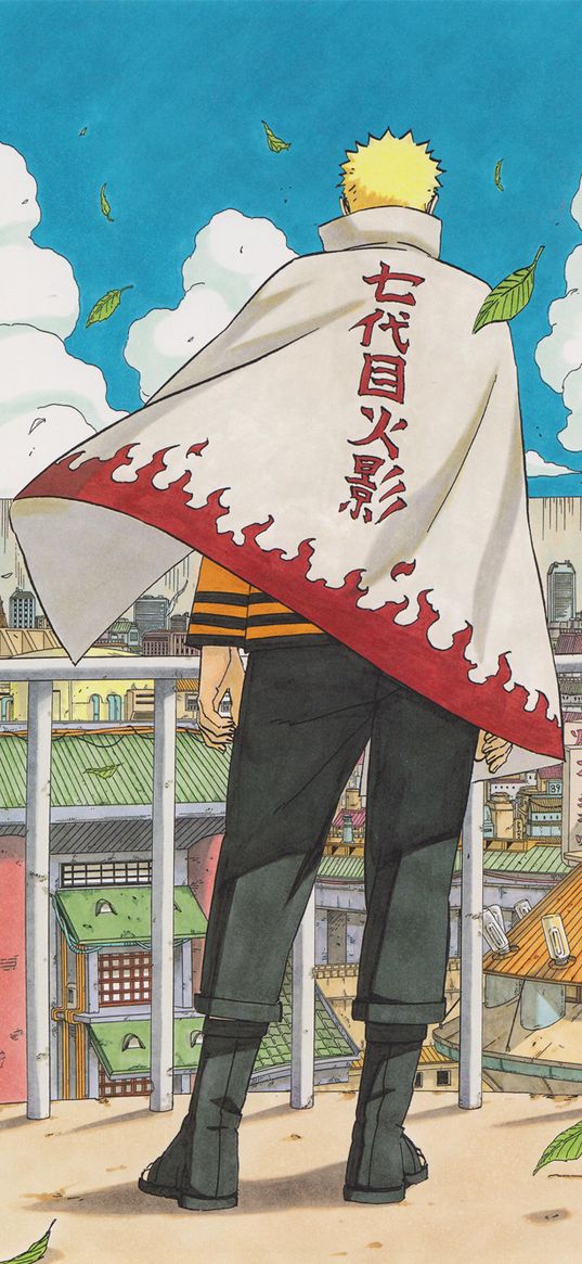 naruto uzumaki, naruto, anime, guy, balcony, cloak, city, clouds, art