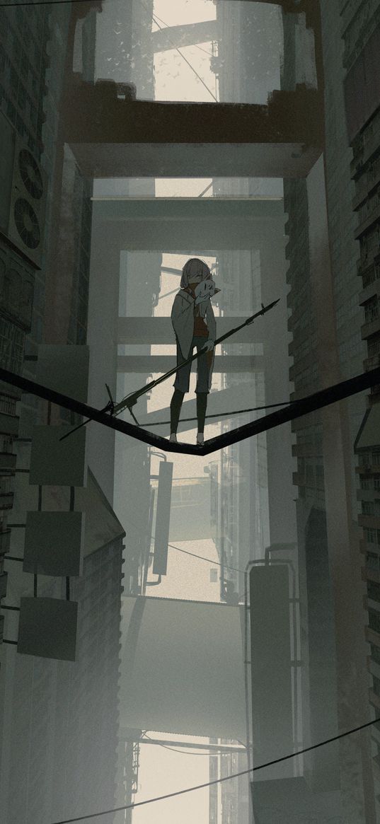 girl, staff, mask, bridge, skyscrapers, houses, street, anime, art