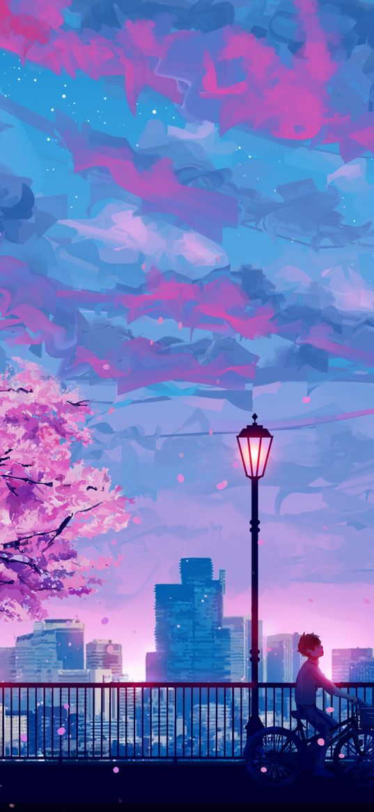 guy, city, tree, sakura, bicycle, sunset, drawing, anime, landscape, art