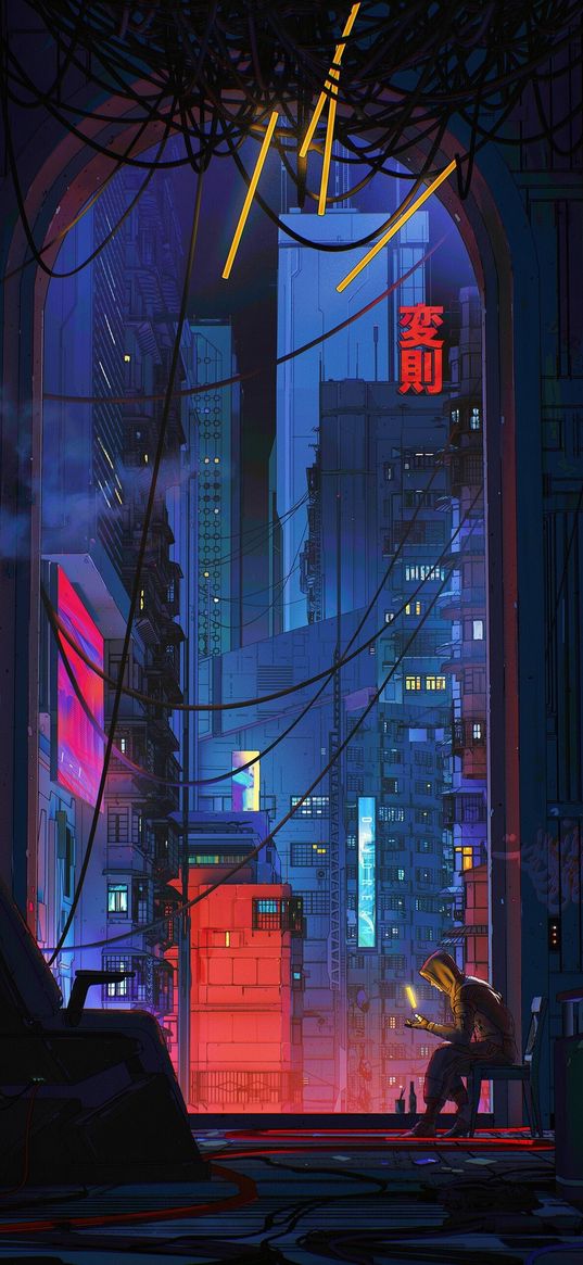 digital art, men, city, futuristic, night, neon, science fiction