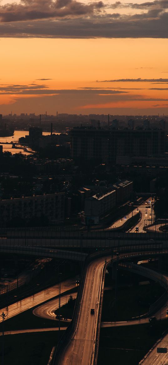 roads, bridge, buildings, river, twilight, dark