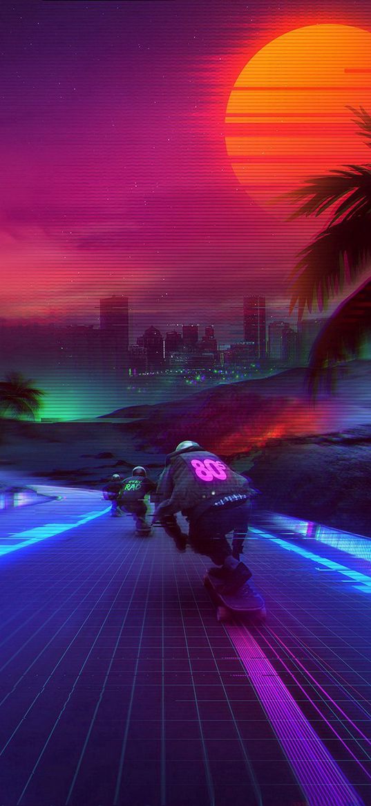 retrowave, neon, city, motorcycle, moto, movement, art