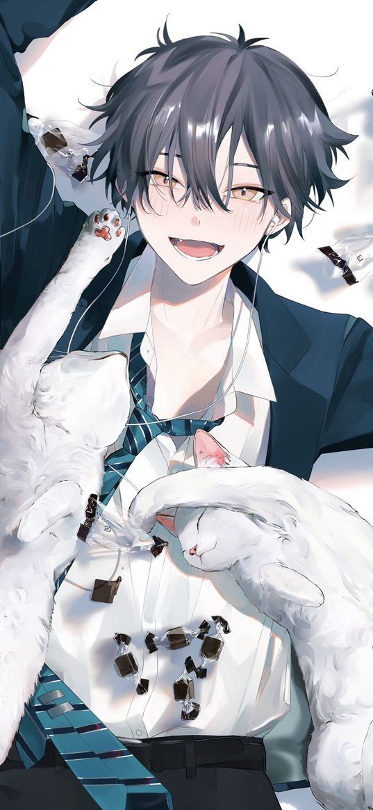 boy, anime, art, cats, white, candys