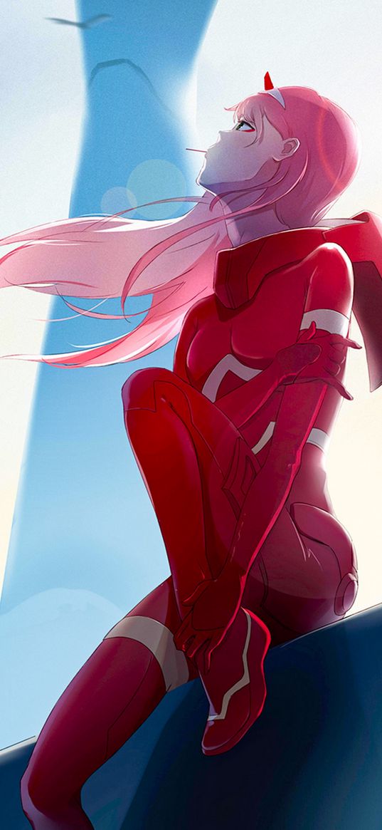 code 002, zero two, darling in the franxx, anime, girl, costume, red, art